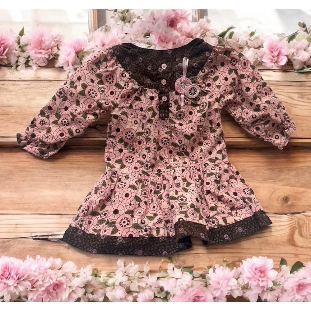 Mary Engelbreit Baby Girl‎ Size 12M Dress Light Pink Floral Brown 100% Cotton